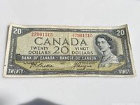Front side of the $20 Canadian banknote showing Queen Elizabeth II and serial number.