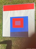 Full image of one geometric abstract print featuring concentric squares in red, blue, purple, and gray on white background, displayed outdoors on grass