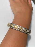 Silver bangle bracelet with gold turtle motifs worn on wrist, showing side profile and design layout.