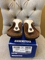 Front view of Birkenstock Gizeh sandals on original box, showing toe loop and buckle strap.