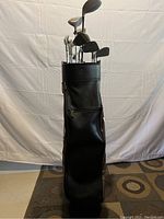 Front view of the golf bag holding all clubs, showing black leather-like top rim.