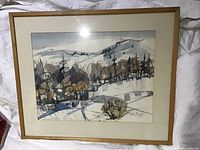 Full view of framed watercolour painting under glass