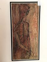 Full view of the framed nude painting showing the full figure in abstract earthy tones.