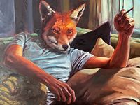 Close-up of fox head and torso detail showing brushwork and color.