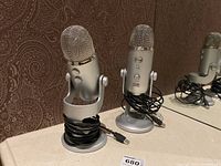 Frontal view showing both microphones on their stands with attached USB cables.