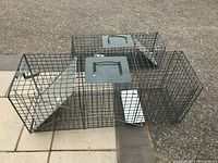 Two rectangular wire mesh live animal traps, one smaller and one medium-sized, shown on pavement surface.