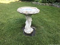 Front view of a decorative concrete bird bath positioned on a lawn, showing its overall shape and floral patterned rim.