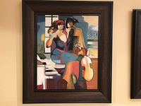 Front view of one framed abstract painting showing two faceless figures sitting by a piano and cello, with warm and cool colors.