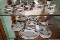 Display cabinet with multiple pieces of Myott ironstone Rose Garden pattern including cups, saucers, plates, oval platters, teapot and cream jug.