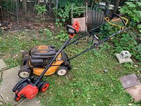 Cub Cadet gas lawnmower and Black & Decker electric edge trimmer together on patio and grass showing full items.