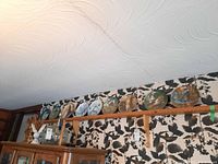 9 collector plates arranged on a wooden shelf above a cabinet; various bird designs visible on the plates.