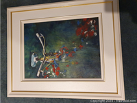 Full view of framed oil painting showing bicycle motif, floral details, and frame