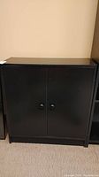 Front view of one black wood cabinet closed with two doors and round knobs, placed on carpeted floor against a wall.