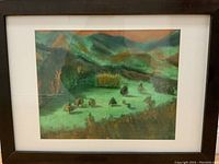 Full view of framed signed pastel landscape painting showing green valley, hills, trees, and bushes.