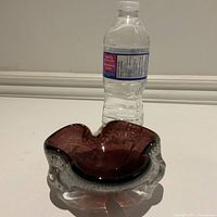 Photo of amethyst glass bowl next to water bottle for size reference showing organic freeform shape and thick clear glass edging.