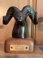 Front view of bronze ram head on wood base showing brass plaque reading 'BIGHORN RAM BY CARL WAGNER'.