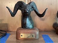 Front view of bronze Dall ram head sculpture on wood base with brass plaque reading “DALL RAM 15/25”