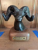 Front view of Desert Ram bronze sculpture on wood base with brass nameplate