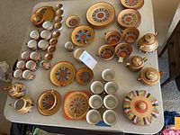 Wide overhead view of entire set spread on table