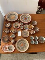 Top down view of 21 china pieces showing plates, bowls, teapots, pitchers and cups with colorful face designs and gold accents.