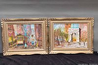 Two framed oil on canvas panel paintings by H.E. Hart titled East Coast and West Coast showing front view and frames.