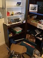 Dark wood shelving and portable blue legal file cabinet with hanging folders and file tabs, assortment of envelopes and papers on shelves and floor.