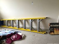 Werner aluminum ladder with yellow side rails and metal steps placed on carpeted floor, alongside boxed fire escape ladder.