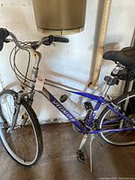 Side view of the Specialized Crossroads Edition women's bike showing silver and blue frame, water bottle holder, and black pedals.