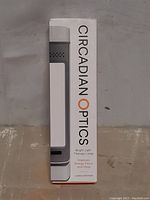 Box for Circadian Optics Lumos Edition bright light therapy lamp showing front branding and basic info.