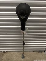 Full view of Everlast reflex speed bag mounted on adjustable metal stand with circular base in front of shutter door