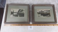 Two framed art prints capturing Bernard Buffet river dock landscapes, side by side on white surface with measuring ruler below