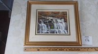 Full view of framed painting 'Woodland Falls' by Brenda Carter, showing gold-tone frame with white mat and artwork featuring a waterfall scene.