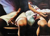 Photo of the front of the painting showing two seated figures, one holding a bottle of Cuban rum labeled 'Cuba', the other holding a cigar, and a white chicken on a lap.
