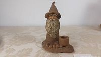 Front view of the pottery wizard gnome figurine showing details of the face, hat, beard, and pot.