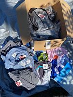 Box and pile of assorted men's shirts laid out, showing variety of colors and brands including Roots, Puma, and Landmark.