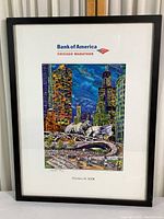 Full view of framed 2008 Chicago Marathon souvenir poster showing the colorful cityscape artwork with Bank of America and Chicago Marathon logos at top.
