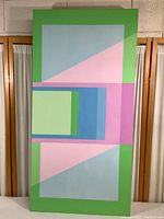 Front view of the abstract geometric painting showing the full canvas with pastel green, blue, pink, and lavender shapes.