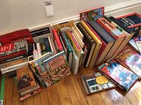 Full lot of assorted books arranged on the floor showing a variety of titles and colors.
