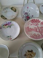 Top view of assorted vintage porcelain saucers with various floral and scenic prints