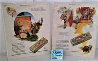 Photo showing both vintage Wrigley's Double Mint Gum advertisements mounted, dated 1928 and 1931, featuring colorful cartoon-style illustrations and the product packaging.