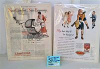 Two vintage advertisements mounted side-by-side: one for Lloyd Loom baby carriages, one for Campbell's Tomato Soup, measuring 11" x 14".