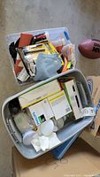 Wide view of two plastic bins containing items including gardening gloves, hand tools, light bulbs, and accessories.