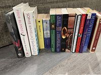 Overview of 14 books, soft and hardcover, various authors and titles, arranged vertically on floor against fabric background.