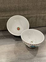 Two white ceramic bowls with colorful floral and insect decorations, standing upright showing inside designs