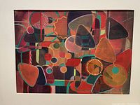 Full image of original abstract acrylic painting showing vibrant overlapping shapes.