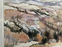 Close-up of the original watercolour painting showing detail of brush strokes and colors in the landscape of hills, trees and a winding path.