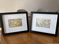 Two framed artworks side by side on table showing watercolour with leaves on left and floral etching on right.