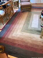 Area rug displayed in living room setting showing color and pattern from one corner to center.