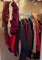 Scarves and jackets hanging on a closet rod, scarves on one end and jackets on the hangers