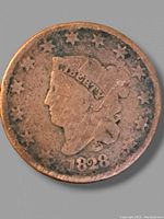 Obverse of 1828 Liberty one cent coin showing Liberty head with LIBERTY headband and date 1828 with stars around edge.